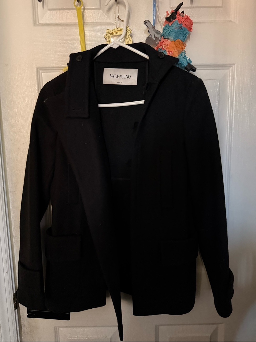 Valentino Black Wool Hooded Pea Coat